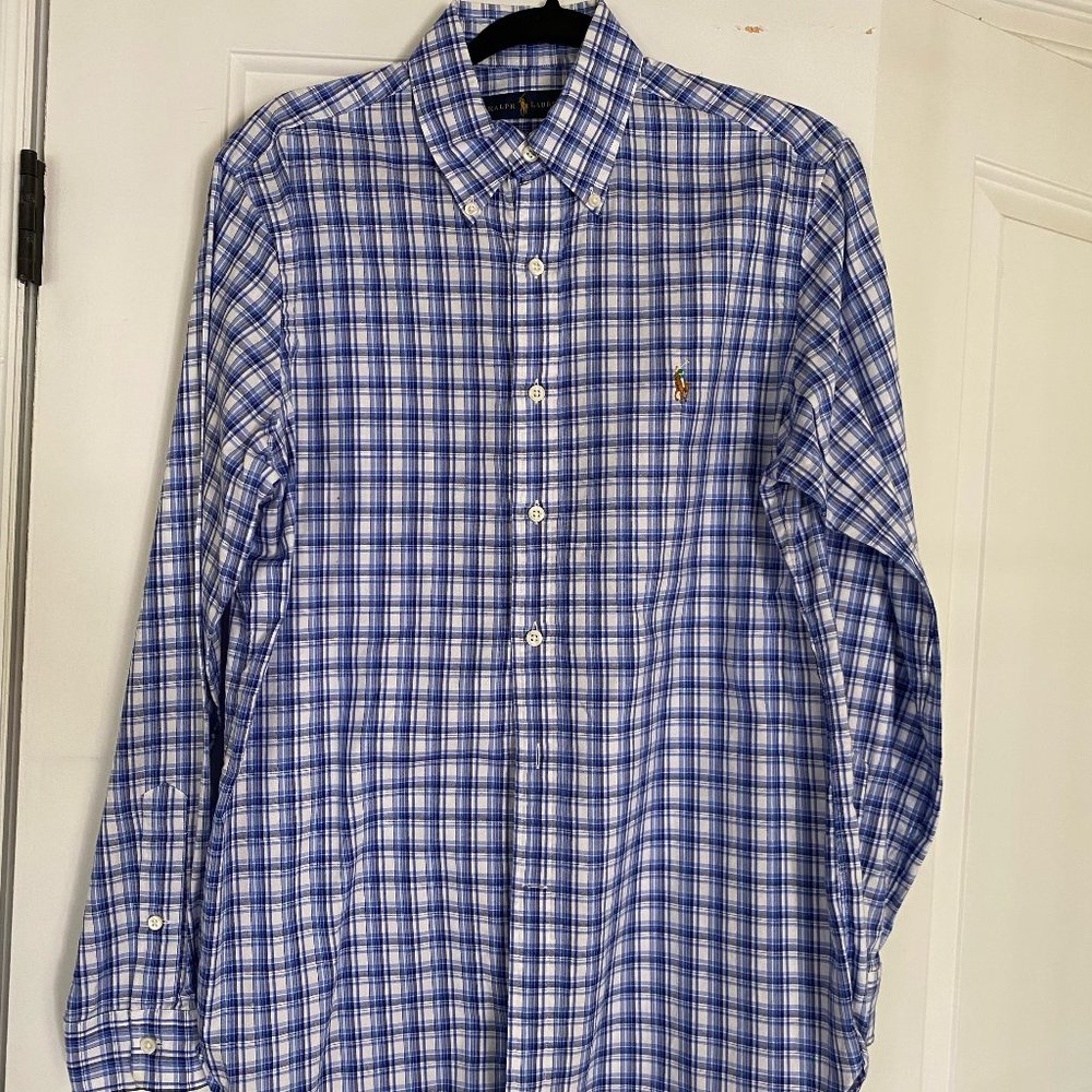 RALPH LAUREN Mens Button Down Medium Blue/White Plaid Long Sleeve